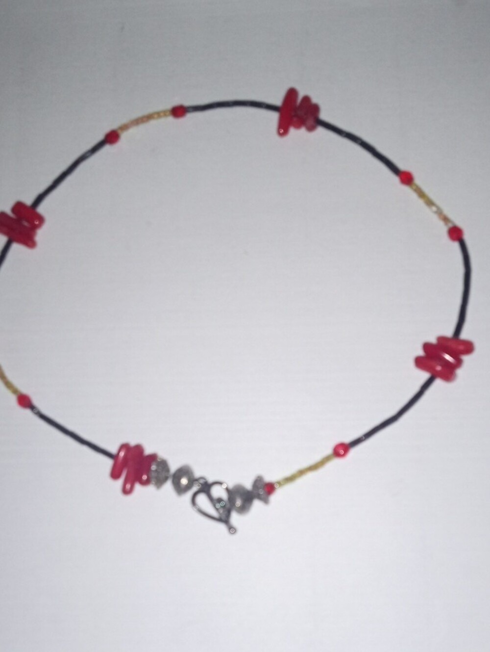 Red Accent Black Beaded Women’s Necklace with Heart Toggle - Picture 3 of 5